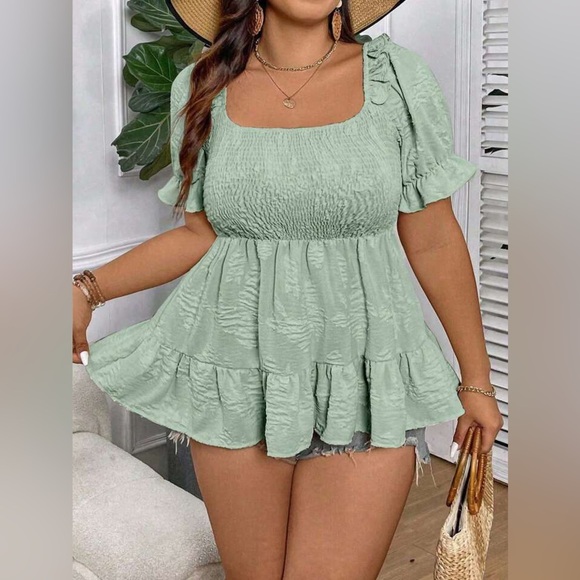 SHEIN Baby Blue Poof Sleeve Smocked Embossed Floral Blouse - Picture 1 of 6